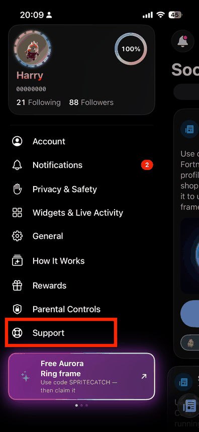 The app's menu, with the Support row highlighted at the bottom, under Parental Controls.